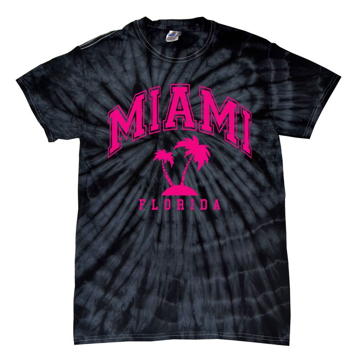 Miami Beach Florida Palms Palm Trees Preppy Varsity Pink Tie-Dye T-Shirt