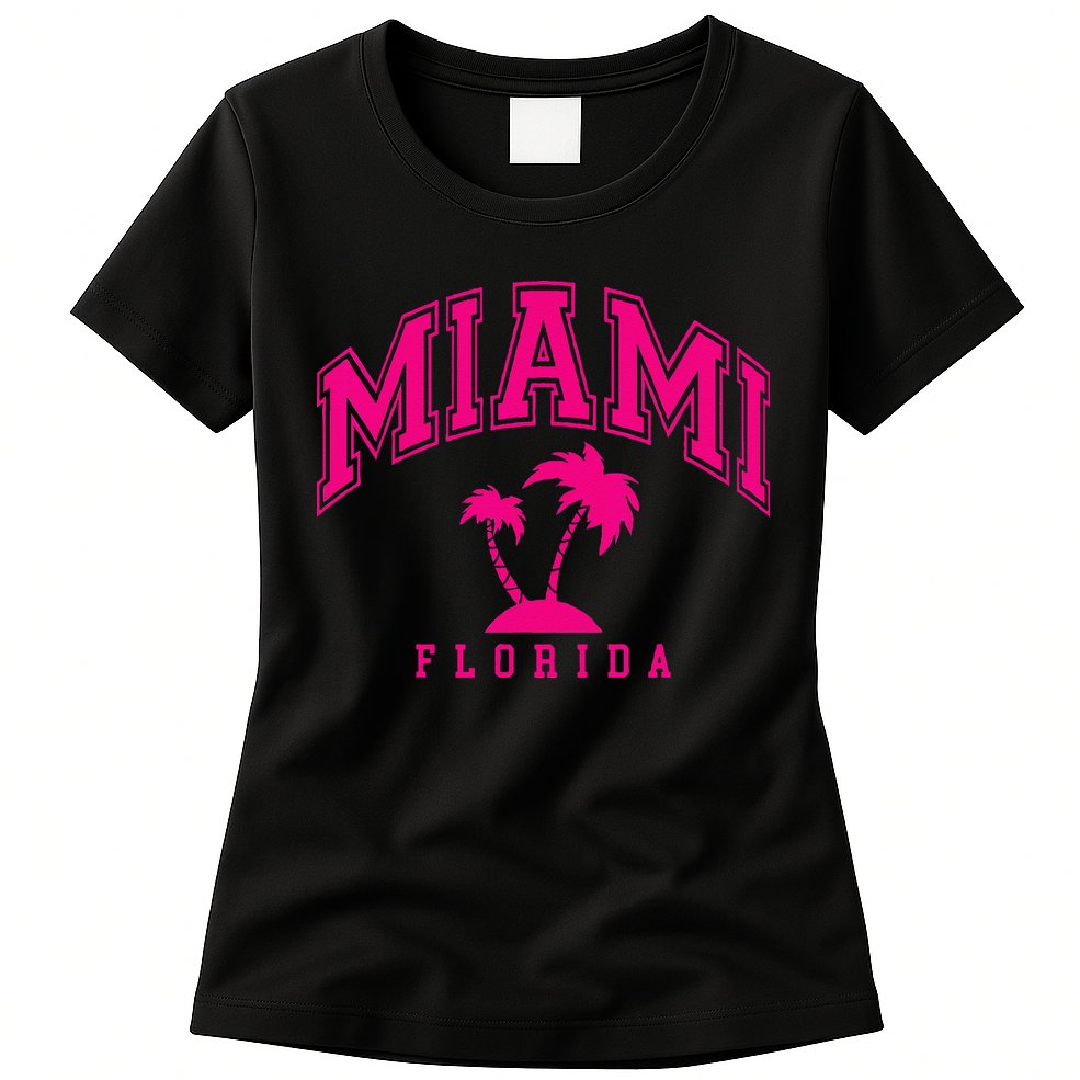 Miami Beach Florida Palms Palm Trees Preppy Varsity Pink Womens T-Shirt