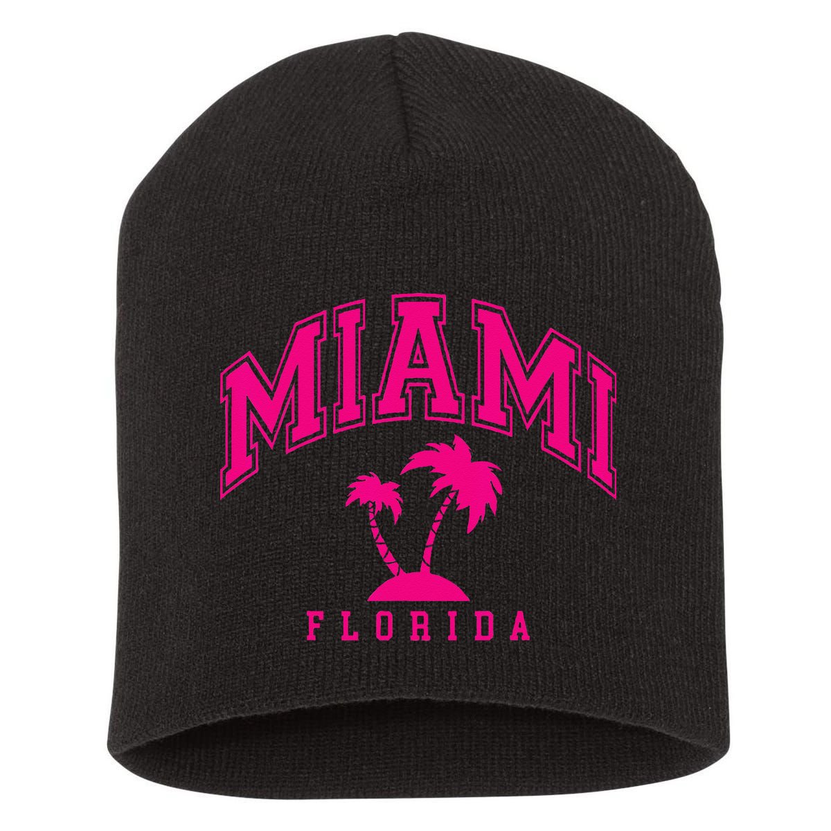 Miami Beach Florida Palms Palm Trees Preppy Varsity Pink Short Acrylic Beanie