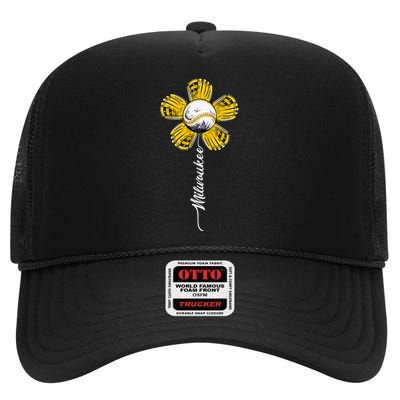 Milwaukee Baseball Flower High Crown Mesh Back Trucker Hat