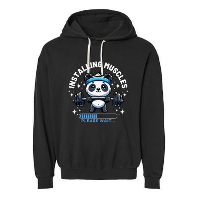 Muscle Building Fitness Panda Weight Lifting Barbell Workout Garment-Dyed Fleece Hoodie