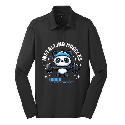 Muscle Building Fitness Panda Weight Lifting Barbell Workout Silk Touch Performance Long Sleeve Polo