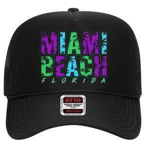 Miami Beach Floral Palm Trees High Crown Mesh Back Trucker Hat