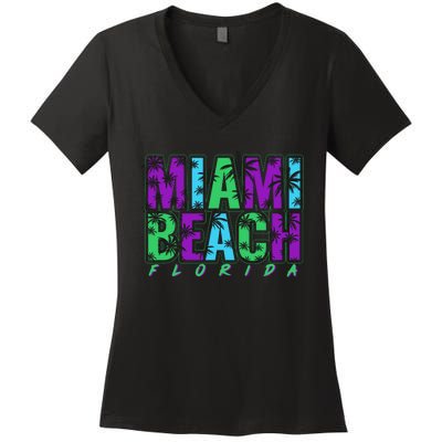 Miami Beach Floral Palm Trees Women's V-Neck T-Shirt