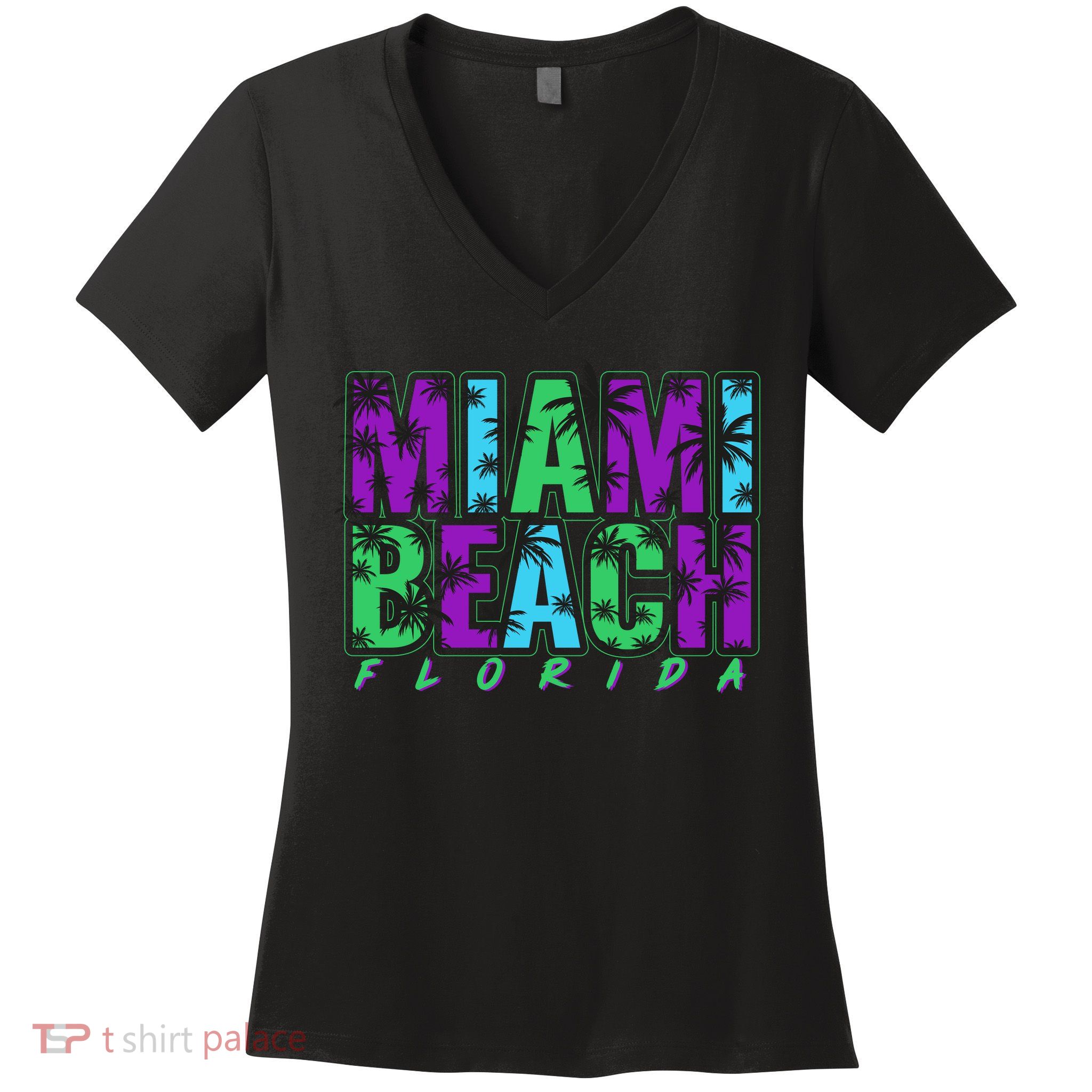 Miami Beach Floral Palm Trees Women's V-Neck T-Shirt