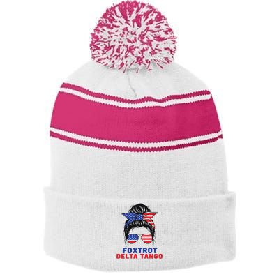 Messy Bun Foxtrots Deltas tango Stripe Pom Pom Beanie