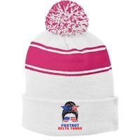 Messy Bun Foxtrots Deltas tango Stripe Pom Pom Beanie