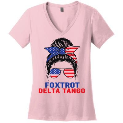 Messy Bun Foxtrots Deltas tango Women's V-Neck T-Shirt