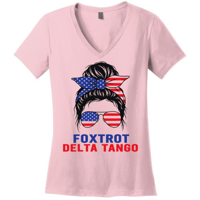 Messy Bun Foxtrots Deltas tango Women's V-Neck T-Shirt