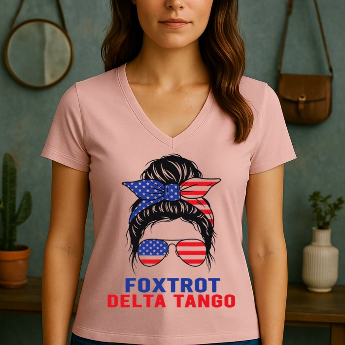 Messy Bun Foxtrots Deltas tango Women's V-Neck T-Shirt