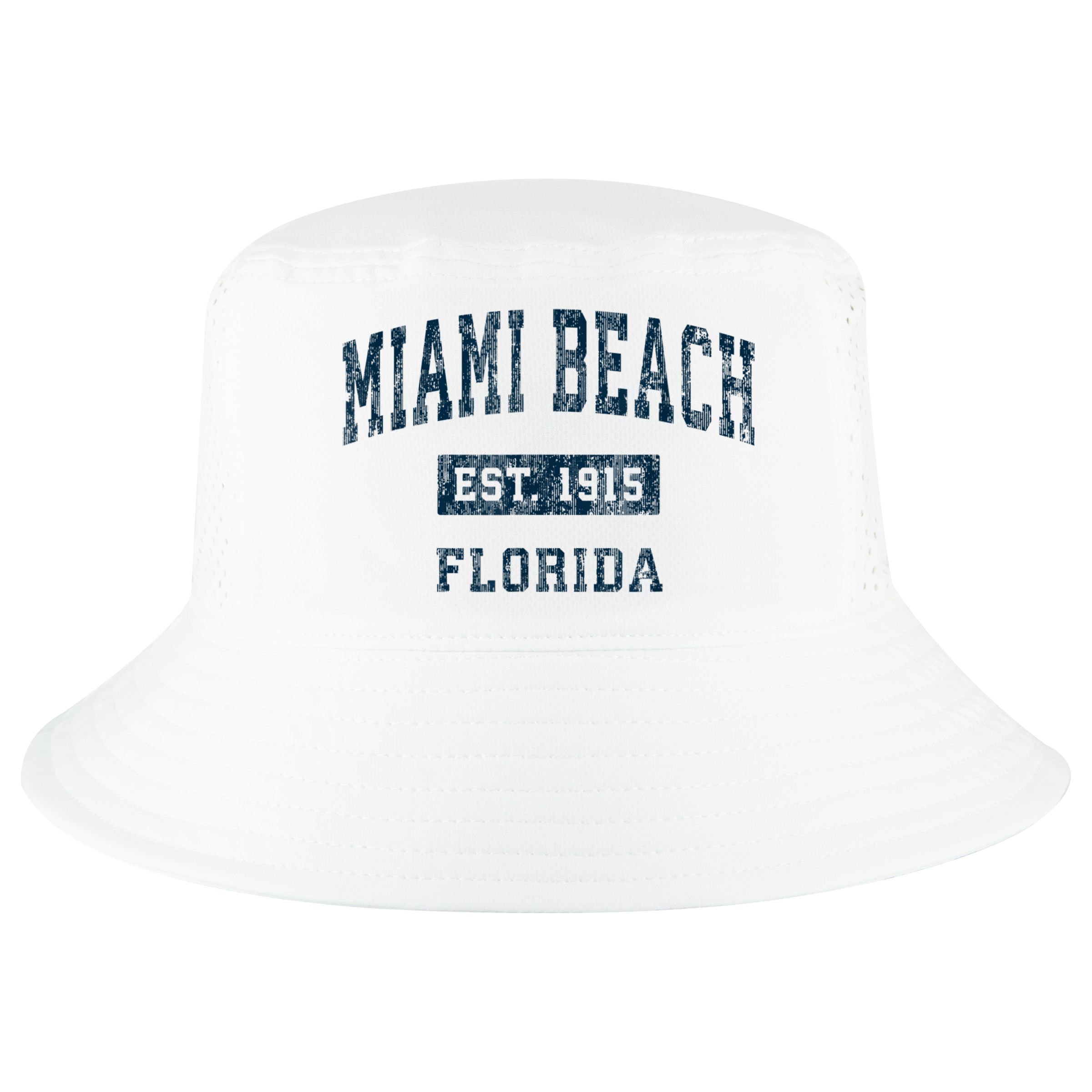 Miami Beach Florida FL Vintage Sports Design Navy Print Cool Comfort Performance Bucket Hat