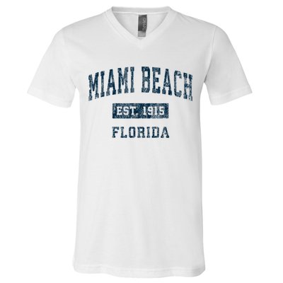 Miami Beach Florida FL Vintage Sports Design Navy Print V-Neck T-Shirt