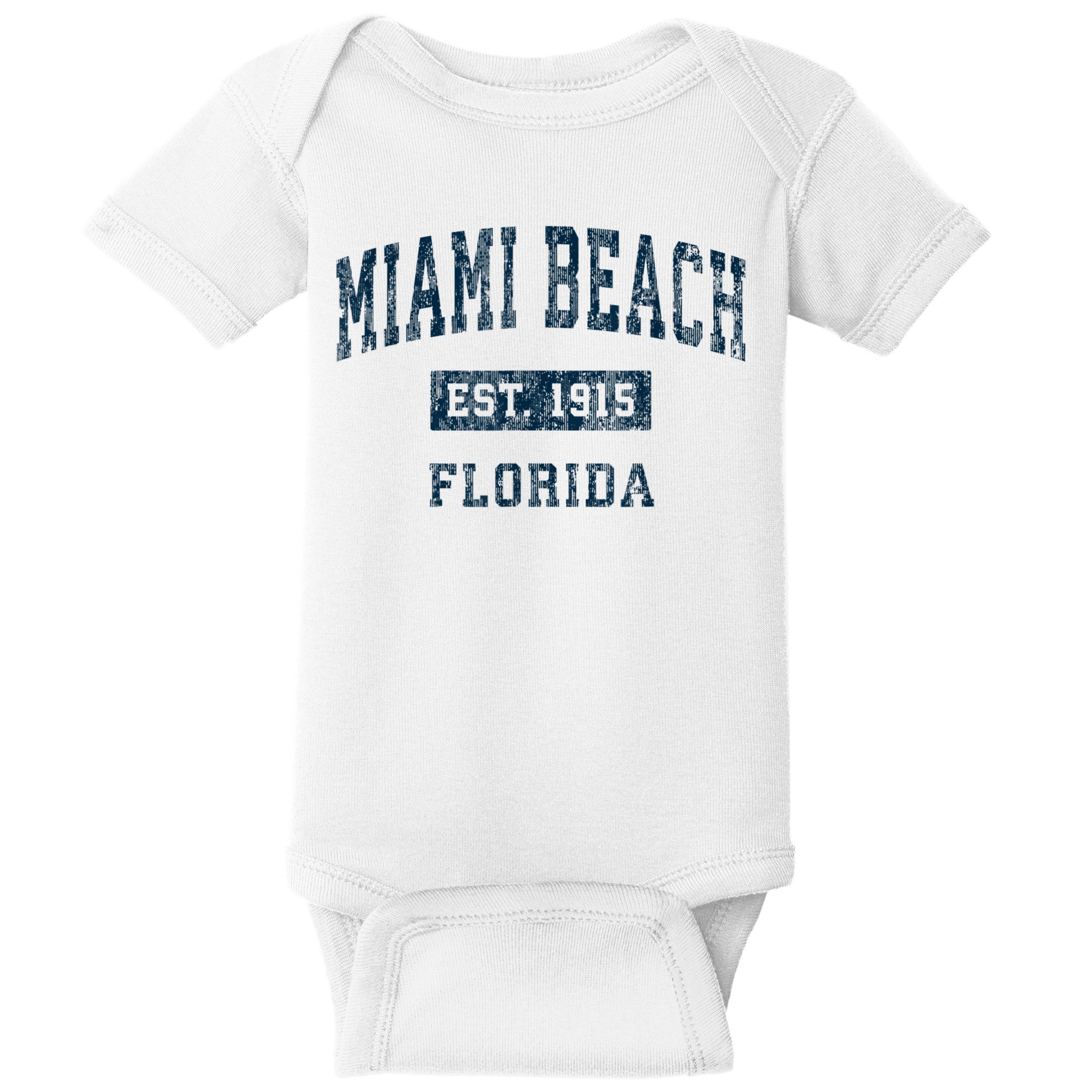 Miami Beach Florida FL Vintage Sports Design Navy Print Baby Bodysuit