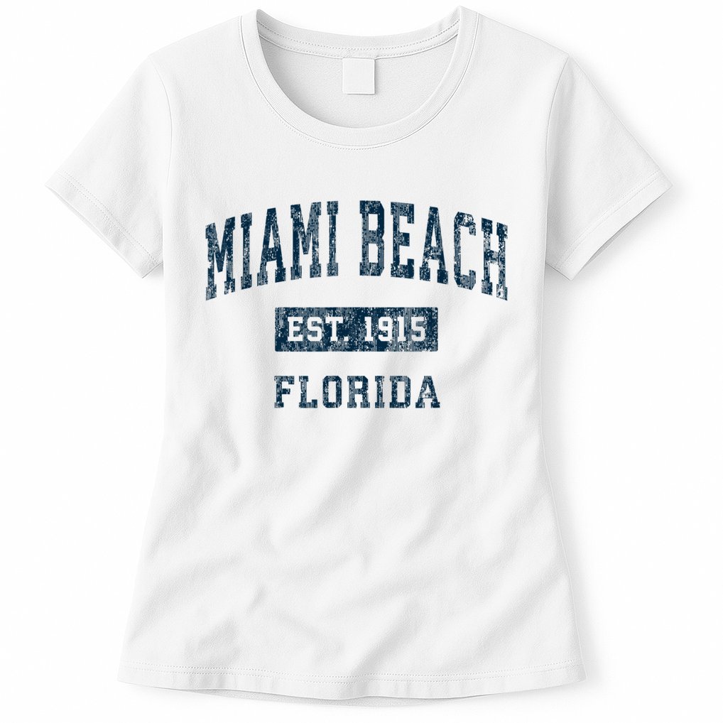 Miami Beach Florida FL Vintage Sports Design Navy Print Womens T-Shirt