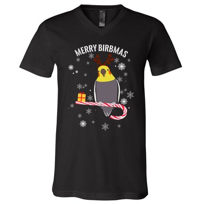 Merry Birbmas Funny Cockatiel Christmas Bird Holiday V-Neck T-Shirt