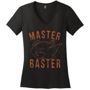 Master Baster Funny Turkey Print Happy Thanksgiving Day Women's V-Neck T-Shirt