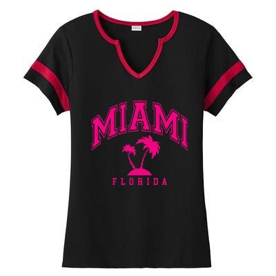 Miami Beach Florida Palms Palm Trees Preppy Varsity Pink Ladies Halftime Notch Neck Tee