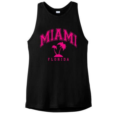 Miami Beach Florida Palms Palm Trees Preppy Varsity Pink Ladies PosiCharge Tri-Blend Wicking Tank