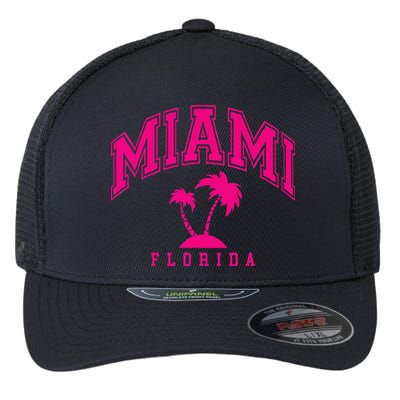 Miami Beach Florida Palms Palm Trees Preppy Varsity Pink Flexfit Unipanel Trucker Cap