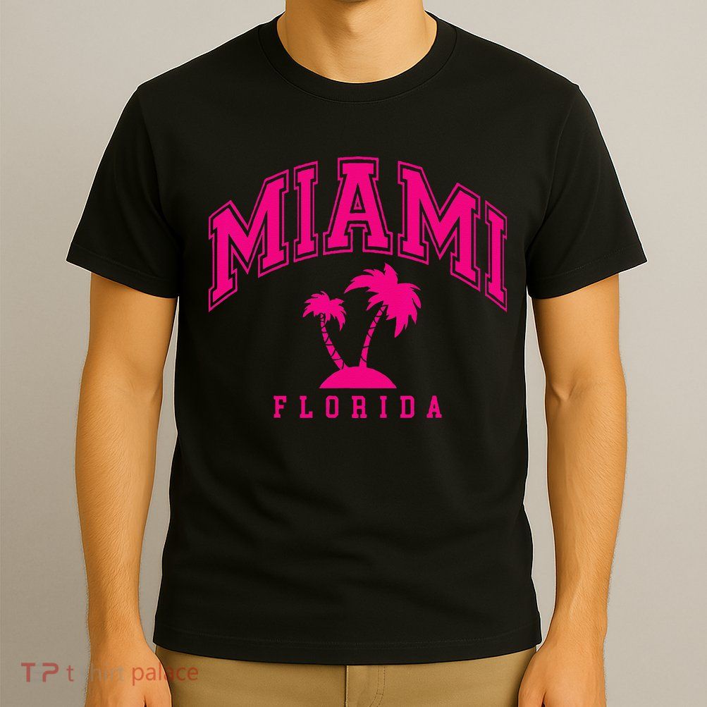 Miami Beach Florida Palms Palm Trees Preppy Varsity Pink T-Shirt