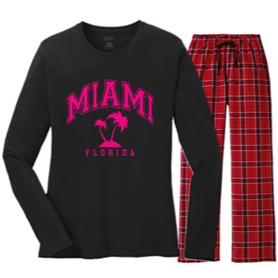 Miami Beach Florida Palms Palm Trees Preppy Varsity Pink Women's Long Sleeve Flannel Pajama Set 