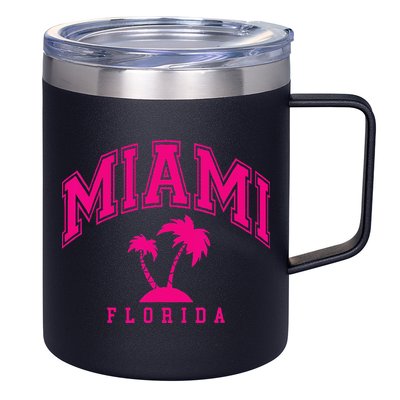 Miami Beach Florida Palms Palm Trees Preppy Varsity Pink 12oz Stainless Steel Coffee Mug