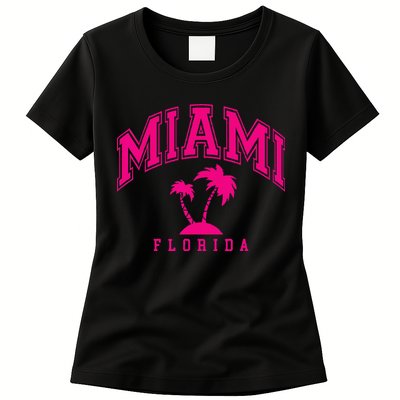 Miami Beach Florida Palms Palm Trees Preppy Varsity Pink Womens T-Shirt