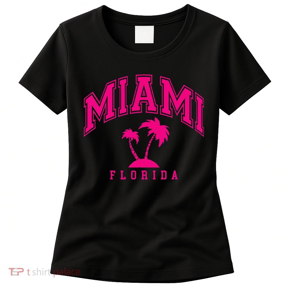 Miami Beach Florida Palms Palm Trees Preppy Varsity Pink Womens T-Shirt