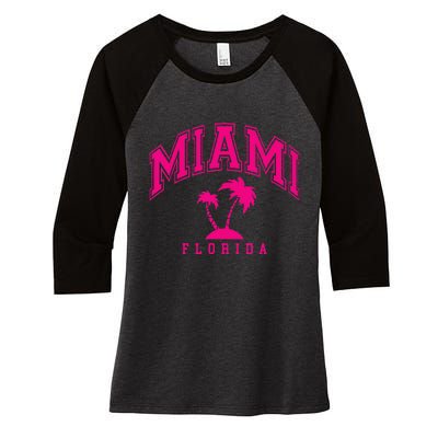 Miami Beach Florida Palms Palm Trees Preppy Varsity Pink Women's Tri-Blend 3/4-Sleeve Raglan Shirt