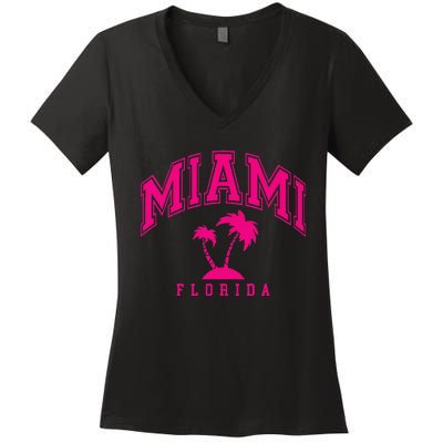 Miami Beach Florida Palms Palm Trees Preppy Varsity Pink Women's V-Neck T-Shirt