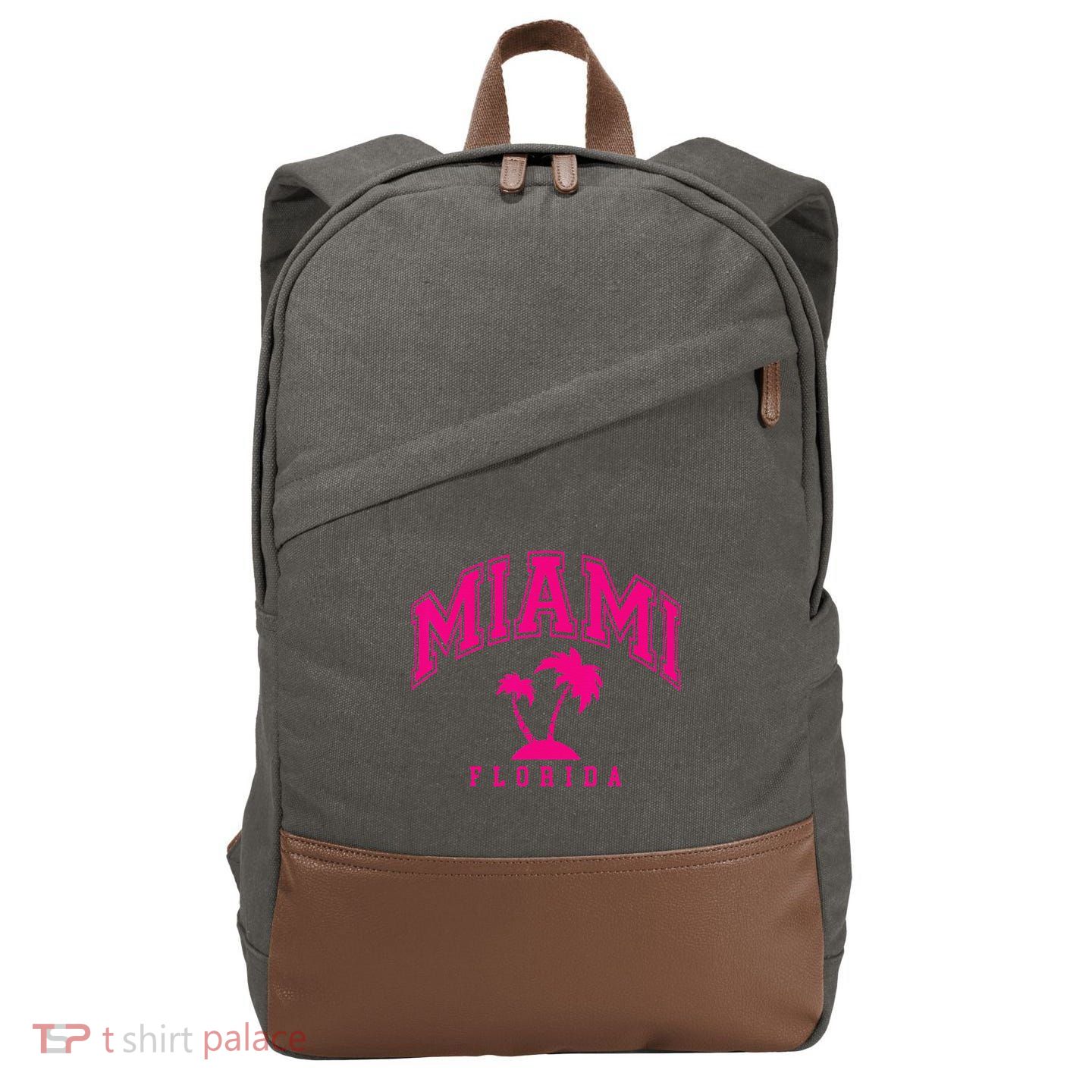 Miami Beach Florida Palms Palm Trees Preppy Varsity Pink Cotton Canvas Backpack