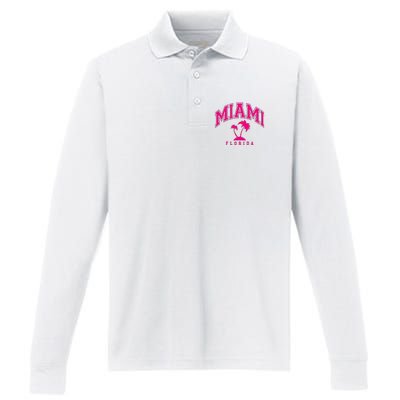 Miami Beach Florida Palms Palm Trees Preppy Varsity Pink Performance Long Sleeve Polo