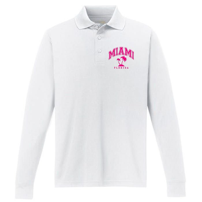 Miami Beach Florida Palms Palm Trees Preppy Varsity Pink Performance Long Sleeve Polo