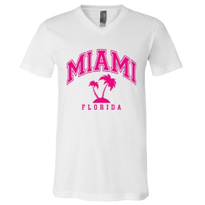 Miami Beach Florida Palms Palm Trees Preppy Varsity Pink V-Neck T-Shirt