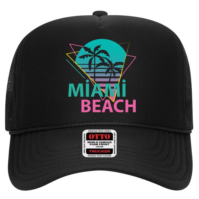 Miami Beach Florida Proud Floridian Retro Palms Trees High Crown Mesh Back Trucker Hat