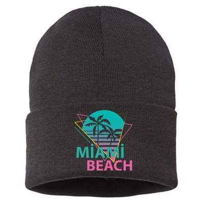 Miami Beach Florida Proud Floridian Retro Palms Trees Sustainable Knit Beanie