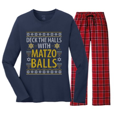 Matzo Balls Funny Hanukkah Theme Holiday Idea Quote Women's Long Sleeve Flannel Pajama Set 