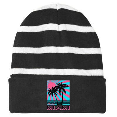 Miami Beach Florida Miami Palm Trees Striped Beanie with Solid Band