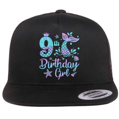 Mermaid Birthday Girl 9 Year Old Its My 9th Bday Mermaid Flat Bill Trucker Hat