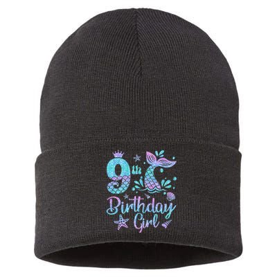 Mermaid Birthday Girl 9 Year Old Its My 9th Bday Mermaid Sustainable Knit Beanie