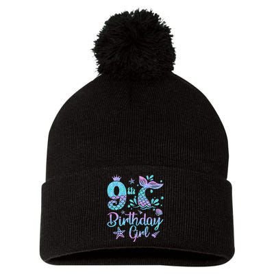 Mermaid Birthday Girl 9 Year Old Its My 9th Bday Mermaid Pom Pom 12in Knit Beanie