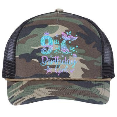 Mermaid Birthday Girl 9 Year Old Its My 9th Bday Mermaid Retro Rope Trucker Hat Cap