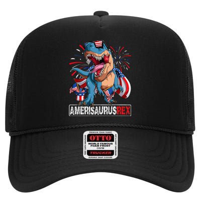 Men Boy Girl Funny Dinosaur 4th Of July B Amerisaurus T Rex Gift High Crown Mesh Back Trucker Hat