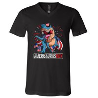 Men Boy Girl Funny Dinosaur 4th Of July B Amerisaurus T Rex Gift V-Neck T-Shirt