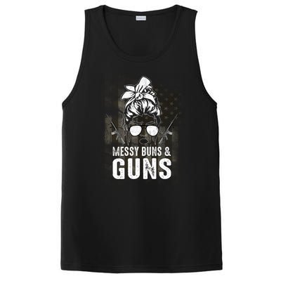 Messy Buns & Guns American Flag Funny Pro Gun PosiCharge Competitor Tank