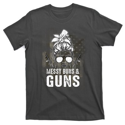 Messy Buns & Guns American Flag Funny Pro Gun T-Shirt