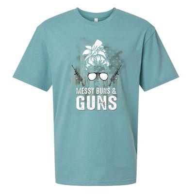 Messy Buns & Guns American Flag Funny Pro Gun Sueded Cloud Jersey T-Shirt