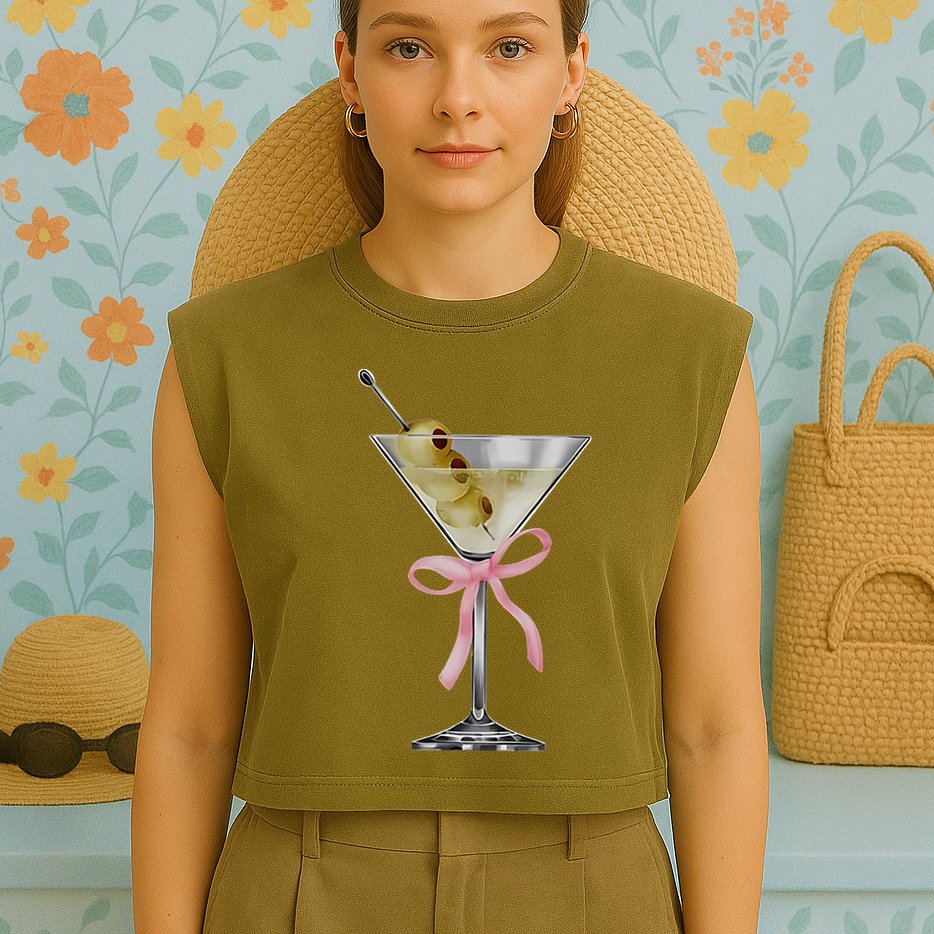 Martini Bow Graphic Garment-Dyed Women's Muscle Tee