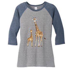 Mama & Baby Giraffe Wildlife Women's Tri-Blend 3/4-Sleeve Raglan Shirt