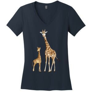 Mama & Baby Giraffe Wildlife Women's V-Neck T-Shirt